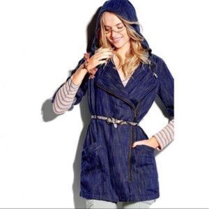 CAbi Women's Adventure Anorak Long Jacket Blue Zip Front Hooded #5100 Size M